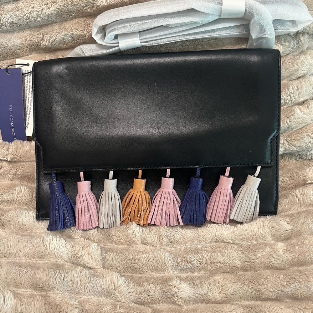 Black Rebecca Minkoff Leather Clutch with Multicolor Tassels